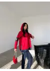 Kadın Kırmızı Kapşonlu Etek Ucu Detay Arma Ters Dikiş Gorunumlu Ikili Takım