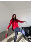 Kadın Kırmızı Kapşonlu Etek Ucu Detay Arma Ters Dikiş Gorunumlu Ikili Takım