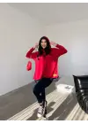 Kadın Kırmızı Kapşonlu Etek Ucu Detay Arma Ters Dikiş Gorunumlu Ikili Takım