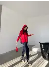 Kadın Kırmızı Kapşonlu Etek Ucu Detay Arma Ters Dikiş Gorunumlu Ikili Takım