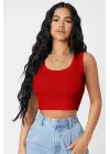 Omarı Kırmızı Kare Yaka Crop Top Bluz