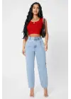 Omarı Kırmızı Kare Yaka Crop Top Bluz