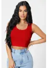 Omarı Kırmızı Kare Yaka Crop Top Bluz