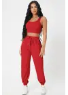 Omarı Kadın Kırmızı Jogger Eşofman Altı ve Crop Top Bluz Seti