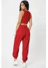 Omarı Kadın Kırmızı Jogger Eşofman Altı ve Crop Top Bluz Seti