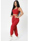 Omarı Kadın Kırmızı Jogger Eşofman Altı ve Crop Top Bluz Seti