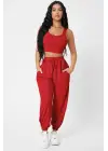 Omarı Kadın Kırmızı Jogger Eşofman Altı ve Crop Top Bluz Seti