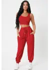 Omarı Kadın Kırmızı Jogger Eşofman Altı ve Crop Top Bluz Seti