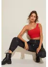 Omarı Şık Kırmızı Tek Omuz Crop Büstiyer