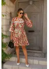 Kadın Kısa Balon Kollu Yuvarlak Yakalı Pileli Desenli Mini Elbise