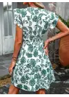 Kadın Kısa Fırfır Kollu Kruvaze Yaka çiçekli Atlas Elbise