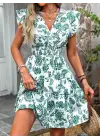 Kadın Kısa Fırfır Kollu Kruvaze Yaka çiçekli Atlas Elbise