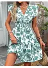 Kadın Kısa Fırfır Kollu Kruvaze Yaka çiçekli Atlas Elbise