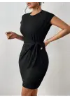 Kadın Kısa Kap Kollu Bisiklet Yaka Belden Bağlamalı Modal Mini Elbise