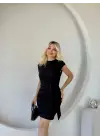 Kadın Kısa Kap Kollu Bisiklet Yaka Belden Bağlamalı Modal Mini Elbise