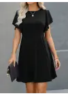 Kadın Kısa Kelebek Kollu Bisiklet Yaka Janjan Krep Elbise