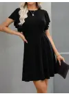 Kadın Kısa Kelebek Kollu Bisiklet Yaka Janjan Krep Elbise