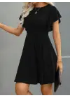 Kadın Kısa Kelebek Kollu Bisiklet Yaka Janjan Krep Elbise