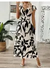 Kadın Kısa Kelebek Kollu Kruvaze Yaka Desenli Süprem Elbise