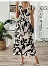 Kadın Kısa Kelebek Kollu Kruvaze Yaka Desenli Süprem Elbise