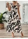 Kadın Kısa Kelebek Kollu Kruvaze Yaka Desenli Süprem Elbise