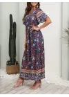 Kadın Kısa Kollu Beli Lastikli çiçek Desen Tam Boy Elbise