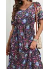 Kadın Kısa Kollu Beli Lastikli çiçek Desen Tam Boy Elbise