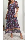 Kadın Kısa Kollu Beli Lastikli çiçek Desen Tam Boy Elbise