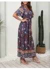 Kadın Kısa Kollu Beli Lastikli çiçek Desen Tam Boy Elbise