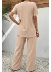 Kadın Kısa Kollu Bisiklet Yaka Asimetrik Kesim Detaylı Bürümcük Bluz Ve Pantolon Ikili Takım