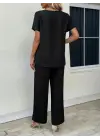 Kadın Kısa Kollu Bisiklet Yaka Asimetrik Kesim Detaylı Bürümcük Bluz Ve Pantolon Ikili Takım