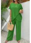 Kadın Kısa Kollu Bisiklet Yaka Asimetrik Kesim Detaylı Bürümcük Bluz Ve Pantolon Ikili Takım