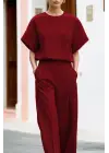 Kadın Kısa Kollu Bisiklet Yaka Bluz Yüksek Bel Cep Detaylı Pantolon Atlas Ikili Takım