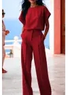 Kadın Kısa Kollu Bisiklet Yaka Bluz Yüksek Bel Cep Detaylı Pantolon Atlas Ikili Takım