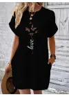 Kadın Kısa Kollu Bisiklet Yaka Cepli Kelebek Baskılı Viskon Elbise