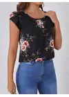 Kadın Kısa Kollu Bisiklet Yaka çiçek Baskılı Süprem Bluz