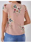 Omarı Çiçek Desenli Kısa Kollu Kadın Bluz