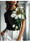 Kadın Kısa Kollu Bisiklet Yaka çiçek Baskılı Süprem Bluz