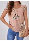 Kadın Kısa Kollu Bisiklet Yaka çiçek Baskılı Süprem Bluz