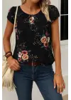 Omarı Çiçek Desenli Kadın Kısa Kollu Bluz