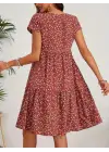 Omarı Çiçek Desenli Kadın Kısa Kollu Elbise