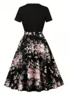 Kadın Kısa Kollu Bisiklet Yaka çiçek Desenli üst Viskon Alt Süprem Kısa Elbise
