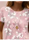Kadın Kısa Kollu Bisiklet Yaka çiçek Desenli Viskon Bluz