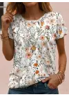 Kadın Kısa Kollu Bisiklet Yaka çiçek Desenli Viskon Bluz