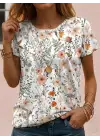 Kadın Kısa Kollu Bisiklet Yaka çiçek Desenli Viskon Bluz