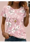 Kadın Kısa Kollu Bisiklet Yaka çiçek Desenli Viskon Bluz