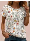 Kadın Kısa Kollu Bisiklet Yaka çiçek Desenli Viskon Bluz