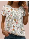 Kadın Kısa Kollu Bisiklet Yaka çiçek Desenli Viskon Bluz