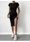 Kadın Kısa Kollu Bisiklet Yaka Derin Yırtmaçlı Kaşkorse Elbise