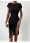 Kadın Kısa Kollu Bisiklet Yaka Derin Yırtmaçlı Kaşkorse Elbise